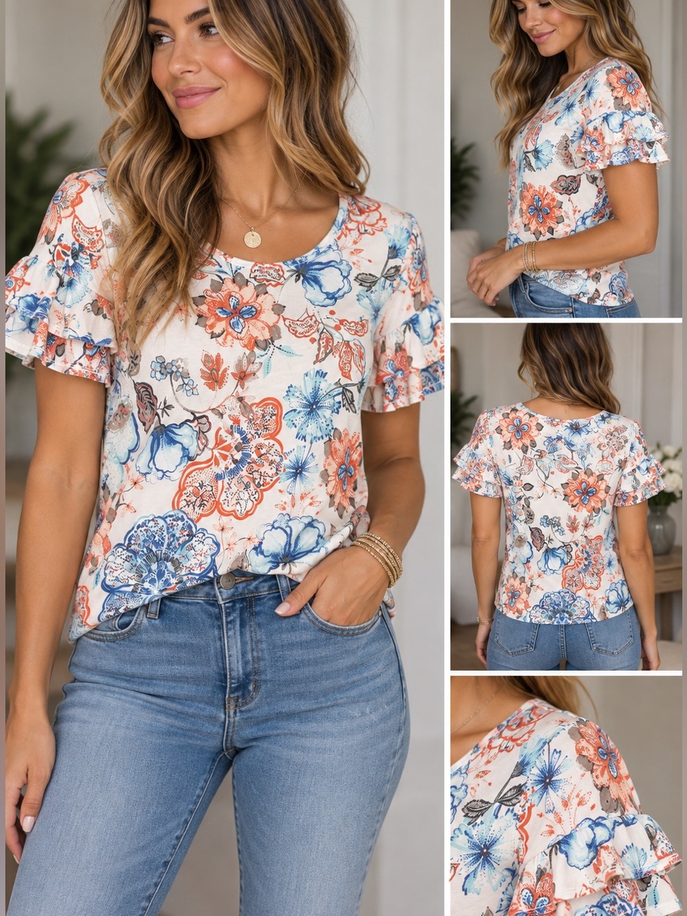 Chicos Floral Ruffle Sleeve Top